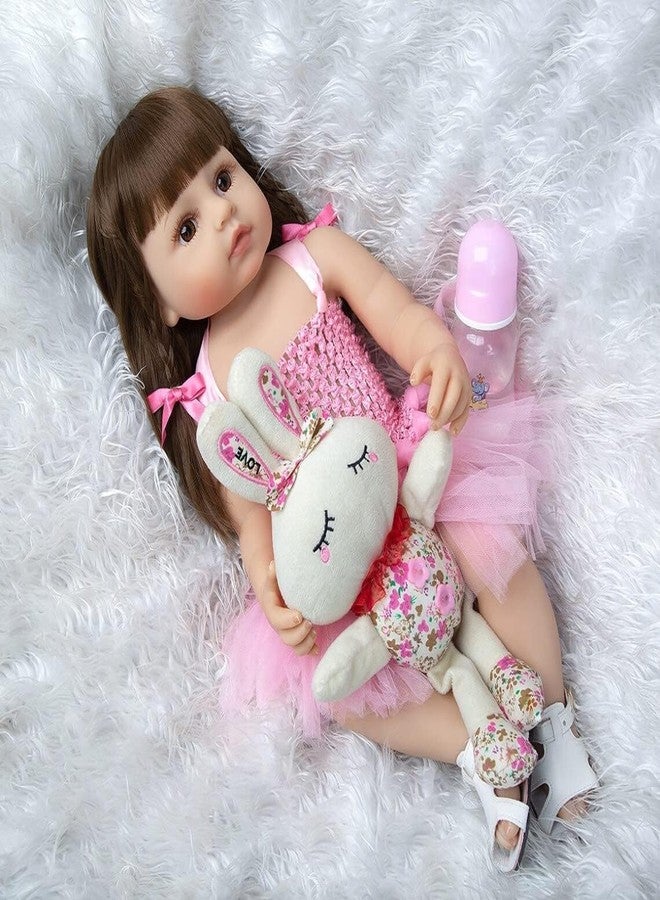 EXOMOON دمى أطفال حديثي الولادة من إكسومون، مصنوعة من السيليكون، جسم كامل، فتاة، شعر طويل بطول 22 بوصة، دمى مقاومة للماء، بتصميم تشريحي دقيق، فستان وردي، طقم هدايا عيد ميلاد للبنات - Image 5